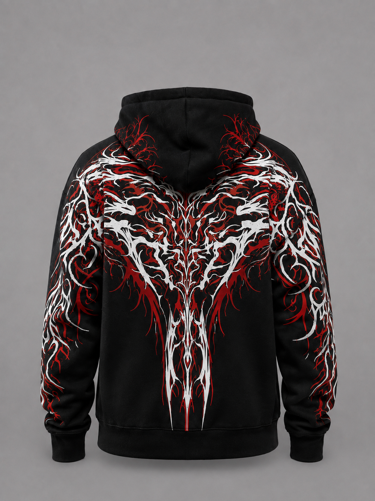 Black reflective hoodie with red tribal back graphic, worn by rider