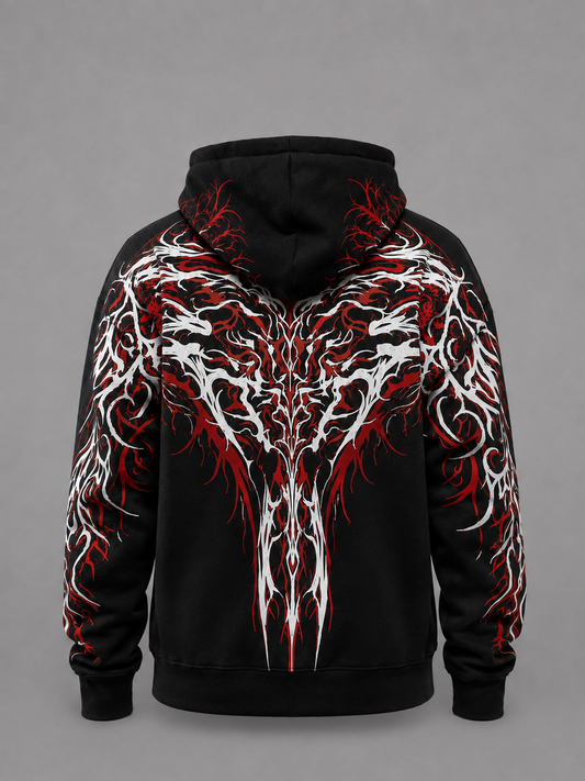 Black reflective hoodie with red tribal back graphic, worn by rider