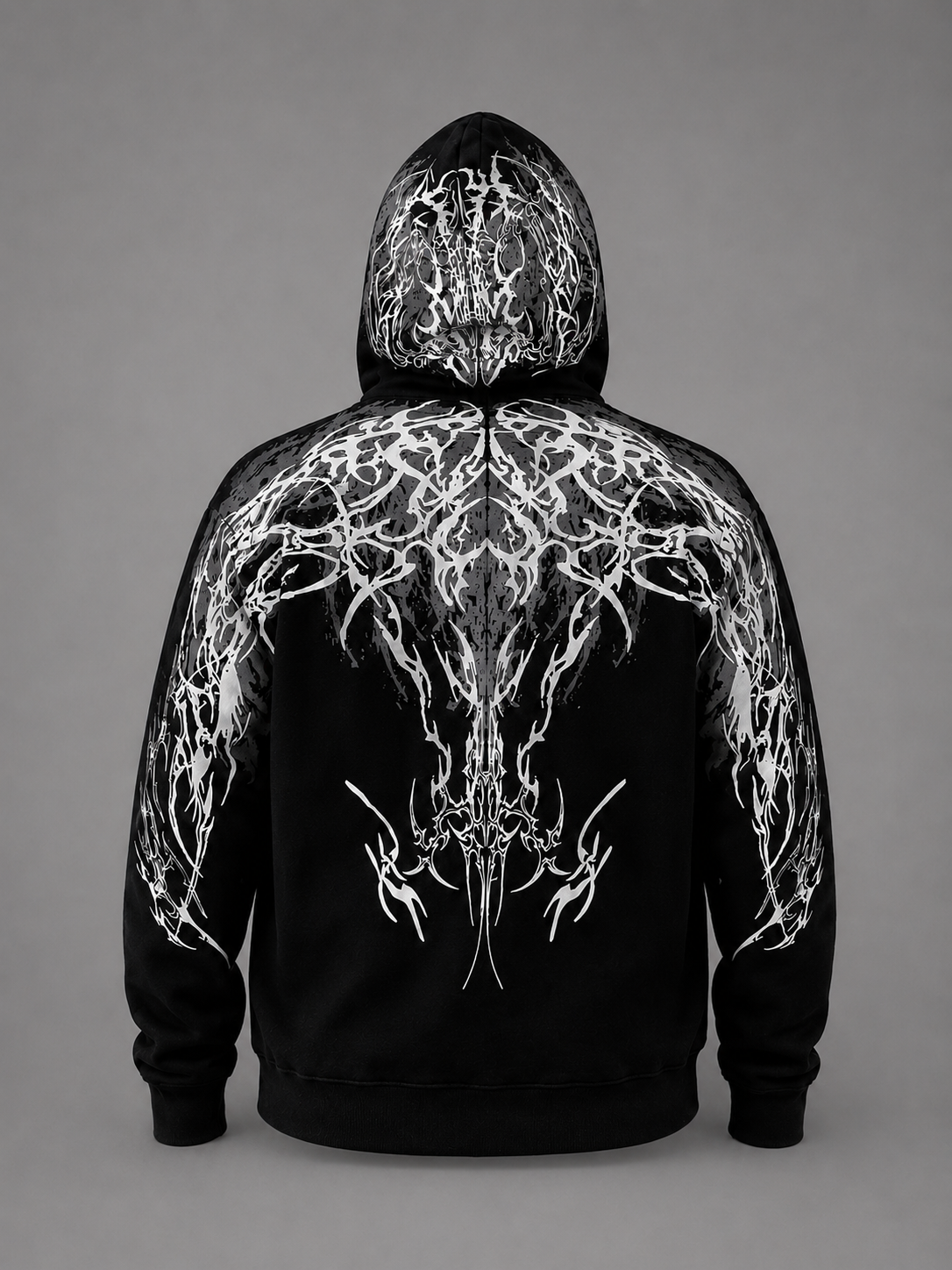Black reflective hoodie with white tribal back graphic