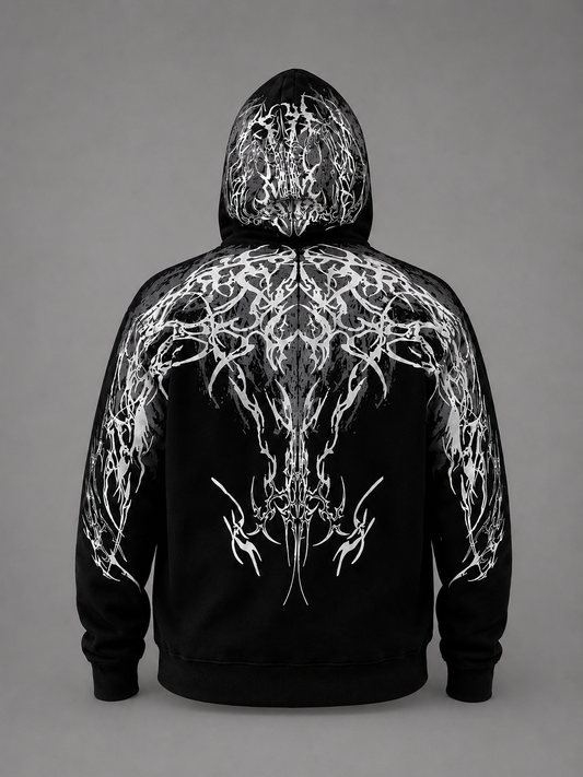 Black reflective hoodie with white tribal back graphic