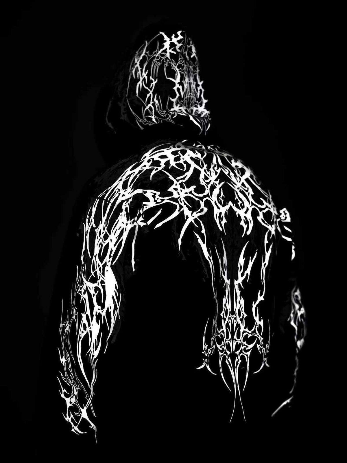 Black reflective hoodie with white tribal back graphic